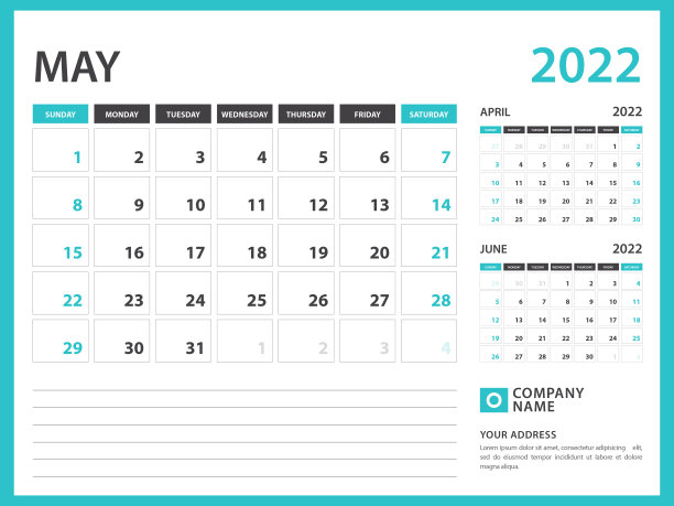 2022年的月历模板。2022年5月，周日周开始，2022年台历设计，挂历，规划师设计，文具，印刷媒体，广告，矢量图片下载