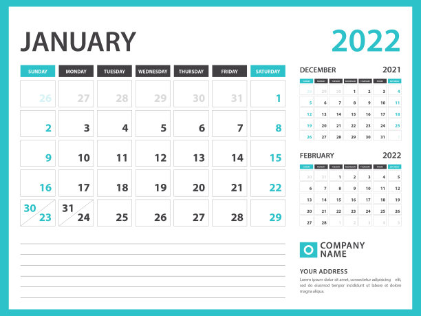 2022年的月历模板。2022年1月，周周日开始，2022年台历设计，挂历，规划师设计，文具，印刷媒体，广告，矢量图片下载