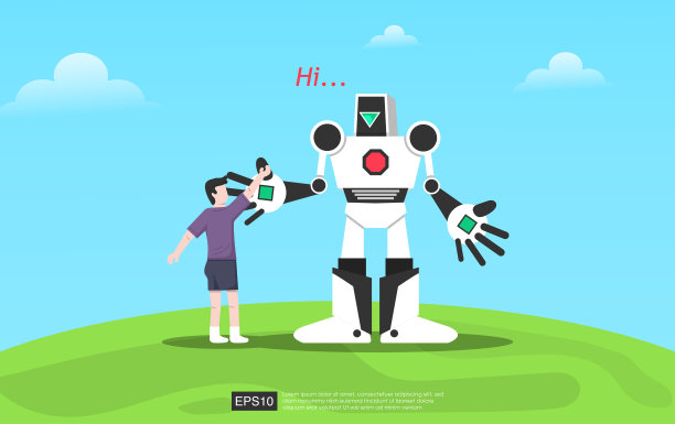 孩子们在玩现代机器人设计概念。未来人工智能技术概念平面矢量插图。和友好的机器人在外面活动，它会说“嗨”。图片下载