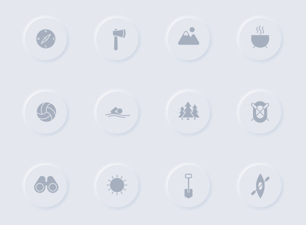 露营灰色矢量图标在圆形橡胶按钮。露营图标集的web，移动应用程序，UI设计和促销业务测谎图片下载