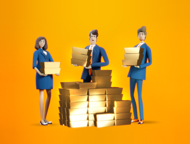 快乐，成功的商人，有金元宝的银行家。3 d渲染插图。商业，银行，咨询，创业概念图片下载