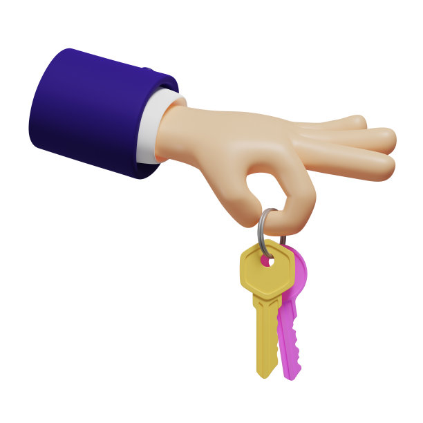 3d手握着一个带两个粉色和黄色钥匙的戒指，购买或租用公寓、房子或汽车，白色背景上的孤立插图，3d渲染图片下载