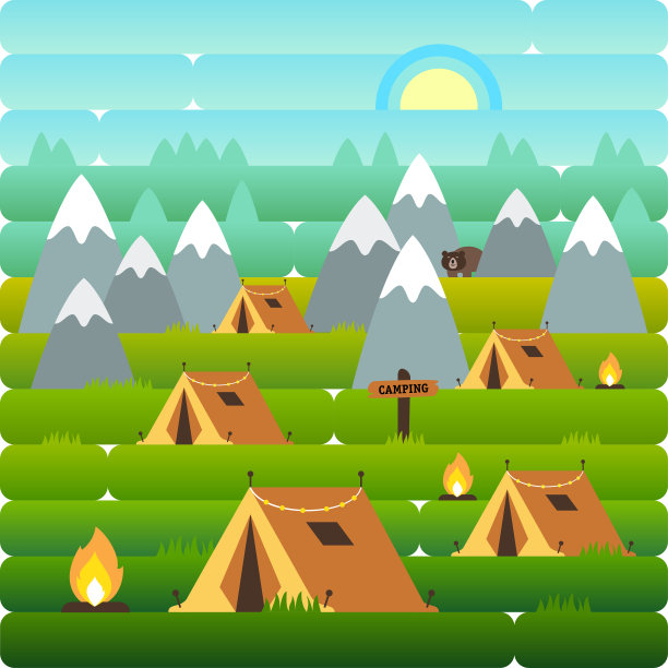 在山里露营，带着帐篷徒步旅行。景观。矢量插图在平和梯度风格图片下载