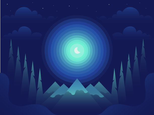 夜晚的山景，蔚蓝的天空和闪亮的月。矢量插图在平坦的梯度风格图片下载