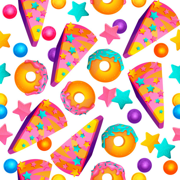 糖果无缝模式。甜甜圈，棒棒糖，糖果，饼干，蛋糕在一个孤立的白色背景。美丽的装饰面团甜点在卡通风格。节日插图在EPS 10格式。图片下载