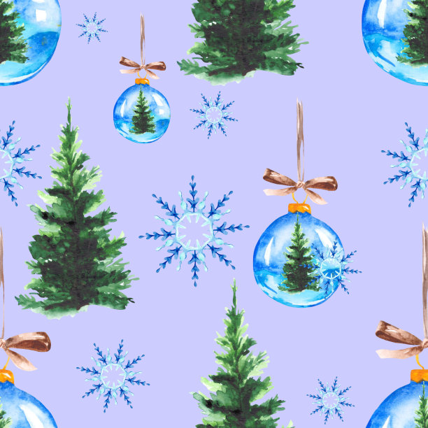 无缝的圣诞图案，绿色的圣诞树，雪花和玻璃节日气球。为纺织品，壁纸和包装的水彩背景。图片下载
