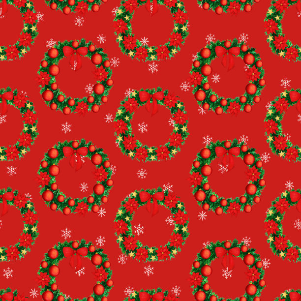 手绘水彩无缝图案的圣诞花环，星星，蝴蝶结，一品红，玩具。新年快乐和圣诞插画贺卡，请柬，墙纸，包装纸，织物图片下载