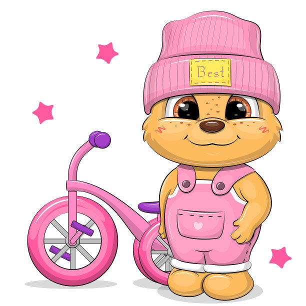 一只戴着粉红色帽子、穿着连体衣的可爱卡通熊站在一辆自行车旁边。图片下载