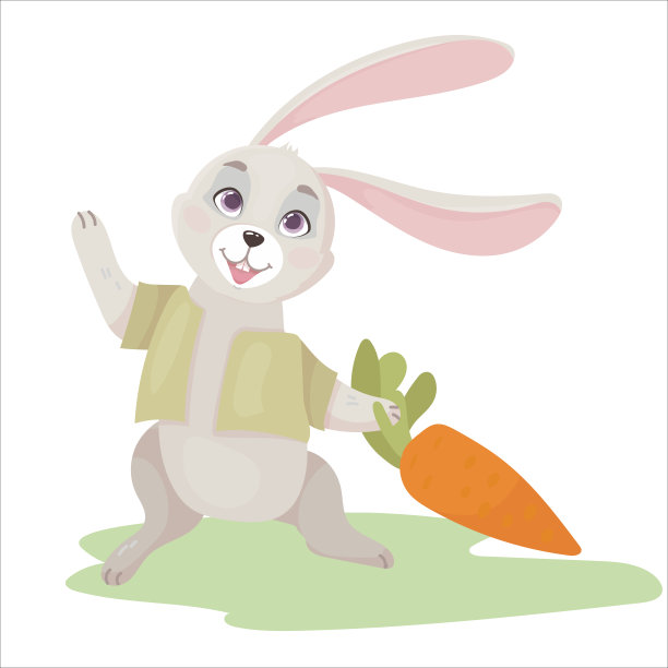 可爱的小兔子穿着卡通风格的绿色衬衫。有胡萝卜的毛茸茸的动物。矢量插图孤立的白色背景。图片下载