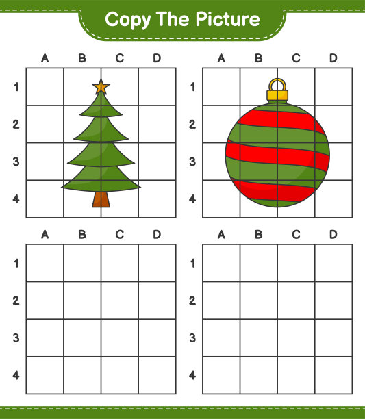 复制图片，用网格线复制圣诞树和圣诞球的图片。教育儿童游戏，可打印的工作表，矢量插图图片下载