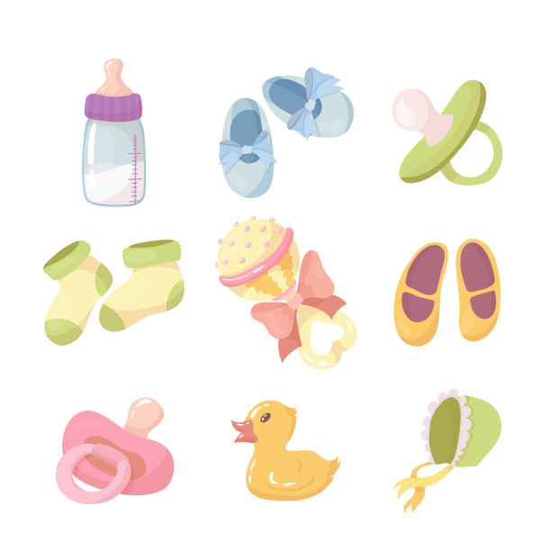 给小孩子穿的一套衣服和饰物。新生儿的鼓点。货物的孩子。矢量插图孤立的白色背景。图片下载