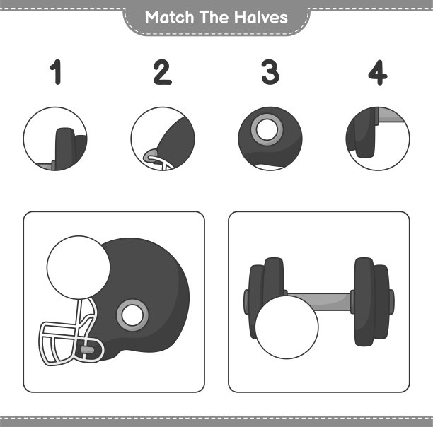 匹配的部分。比赛一半的足球头盔和哑铃。教育儿童游戏，可打印的工作表，矢量插图图片下载