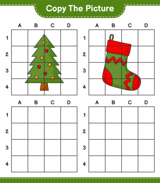 复制图片，复制圣诞树和圣诞袜的图片使用网格线。教育儿童游戏，可打印的工作表，矢量插图图片下载