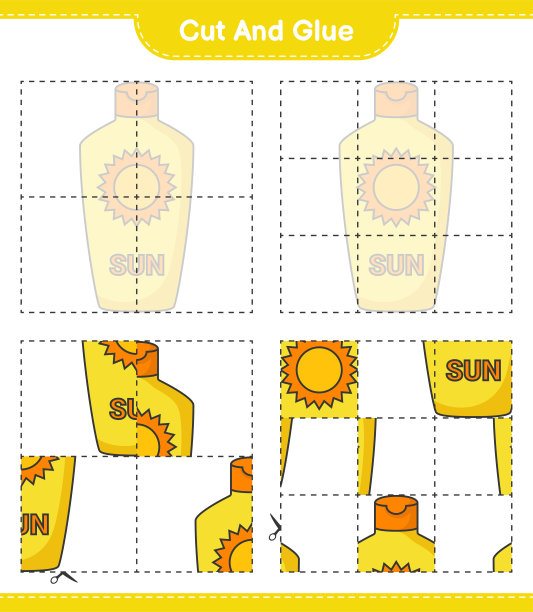 剪切并粘合，将防晒霜的部分剪切并粘合。教育儿童游戏，可打印的工作表，矢量插图图片下载