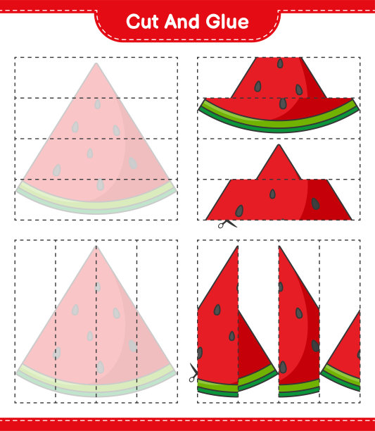 切和粘，切西瓜的部分和粘他们。教育儿童游戏，可打印的工作表，矢量插图图片下载