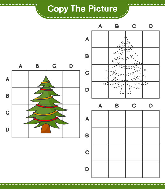 复制图片，使用网格线复制圣诞树的图片。教育儿童游戏，可打印的工作表，矢量插图图片下载