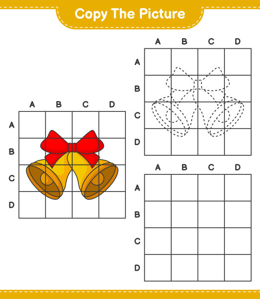 复制图片，用网格线复制圣诞钟的图片。教育儿童游戏，可打印的工作表，矢量插图图片下载