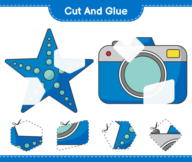 切胶，切海星、相机的部分并粘上。教育儿童游戏，可打印的工作表，矢量插图图片下载
