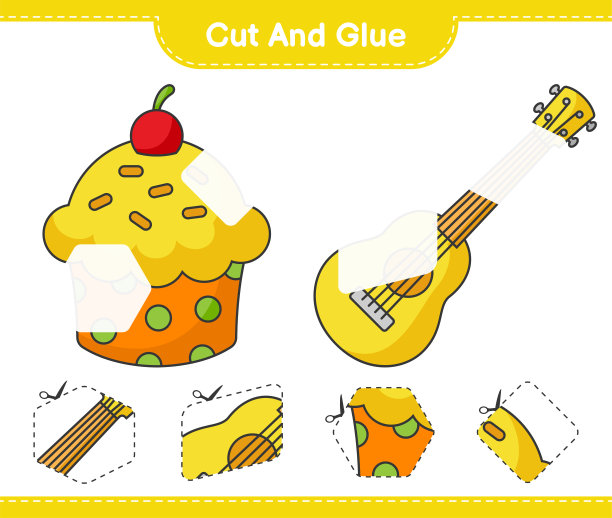 切和胶，切部分尤克里里，杯子蛋糕和胶他们。教育儿童游戏，可打印的工作表，矢量插图图片下载