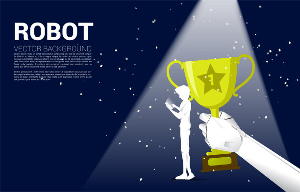 剪影男子用手机与机器人手握冠军奖杯。图片下载