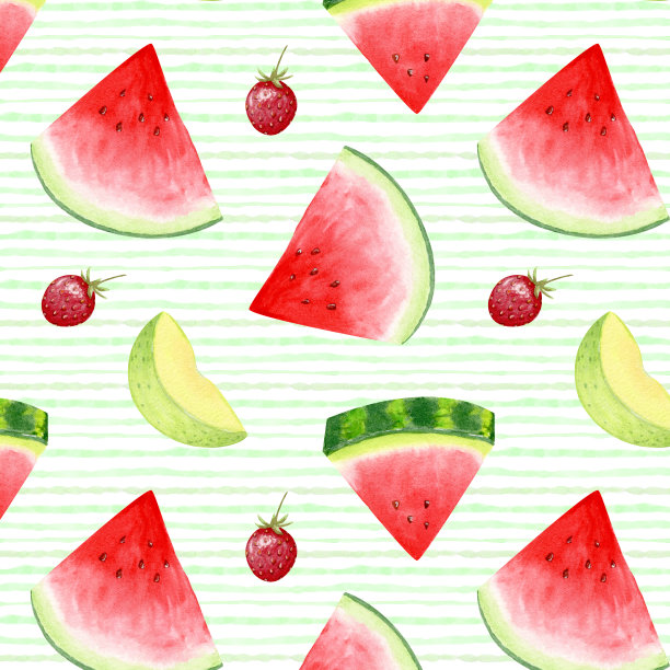 西瓜无缝模式。水彩图案与多汁的西瓜片。浅绿色条纹背景上的水彩西瓜片。夏季设计为纺织品、文具。图片下载
