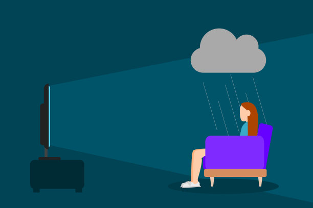 坐在沙发上看电视的女人，她有抑郁症，抑郁症的矢量插图图片下载