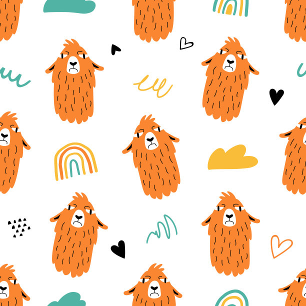 无缝模式与有趣的羊驼或羊驼在手绘风格。非常适合纺织品，贴纸，卡片，海报，墙纸，包装纸。孤立在白色背景向量插图图片下载