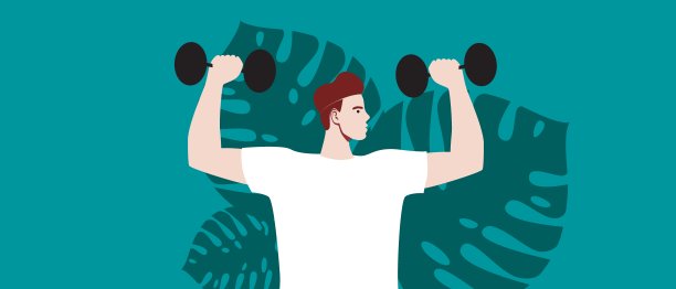 人哑铃，平面矢量股票插图与运动和活动的人哑铃作为重量和做运动的绿叶背景图片下载