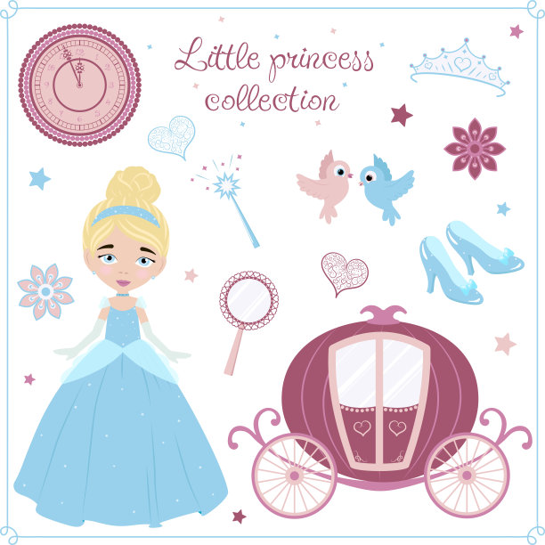 灰姑娘公主集，儿童插图，矢量。附件为灰姑娘。图片下载