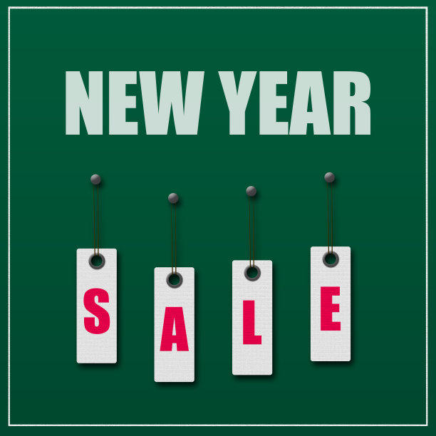 新的一年出售。标签上的文字，绿色的背景。新年和圣诞节销售概念。业务。假期。图片下载