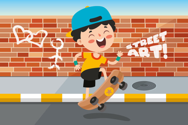 一个玩滑板的孩子的卡通插图图片下载