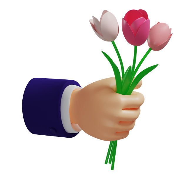 3d花束五彩郁金香在手，给花，孤立在白色背景，3d插图图片下载
