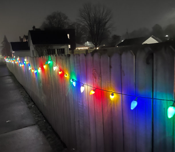 郊区篱笆上的节日彩灯图片下载