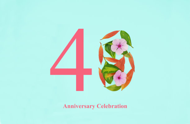 一张浅蓝色背景的卡片，上面有花和叶子，是为了庆祝婚礼40周年。一抹粉色，一种自然的味道。图片下载
