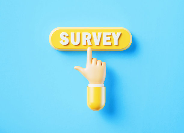 卡通风格的人手点击黄色按钮:调查显示在按钮上图片下载