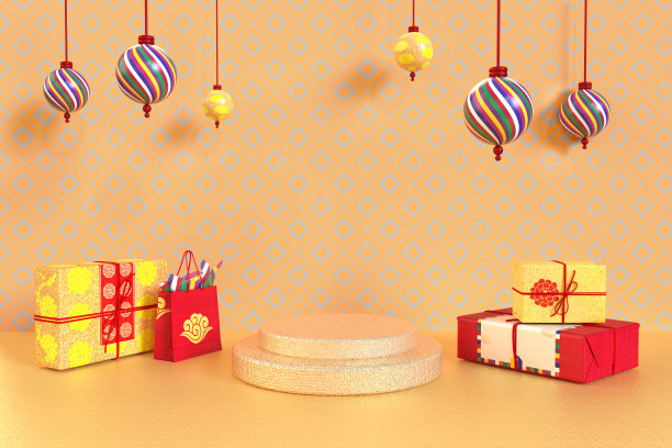 韩国传统节日背景。礼盒、彩虹色饰品和传统图案的金色讲台。3 d渲染。图片下载