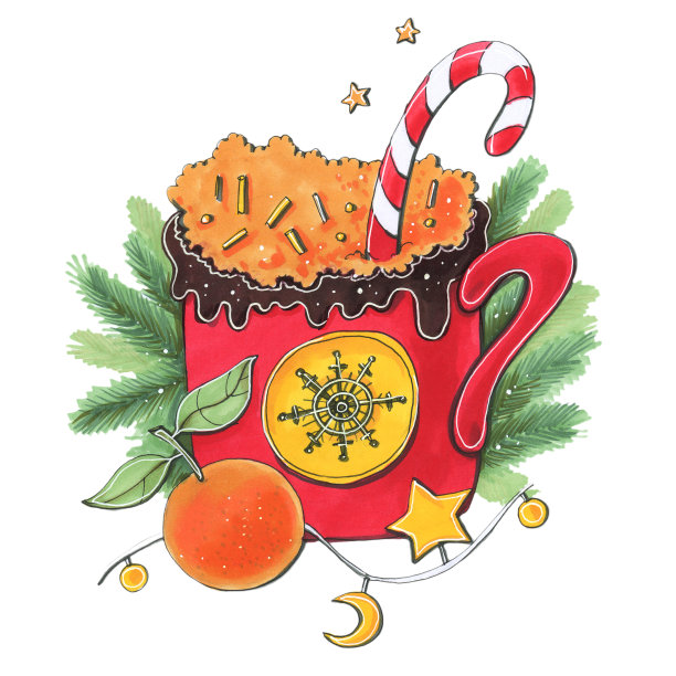 素描马克笔可爱的卡通风格的正方形格式新年贺卡马克杯饮料和棒棒糖的背景杉木树枝和雪图片下载