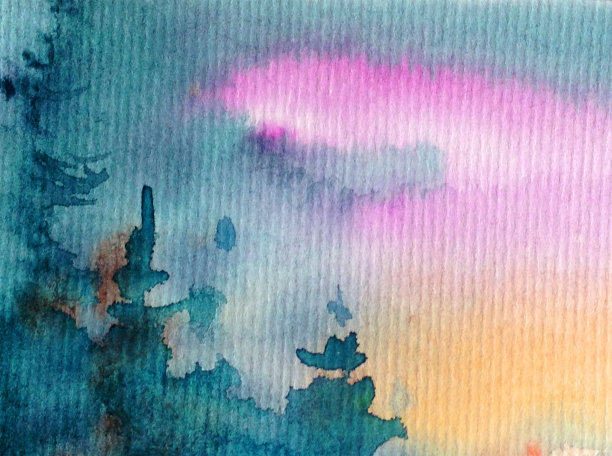 水彩彩色明亮纹理抽象背景手工制作。地中海风景。冬季村庄的建筑和植被绘画图片下载