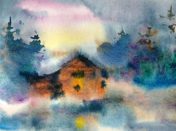 水彩彩色明亮纹理抽象背景手工制作。地中海风景。冬季村庄的建筑和植被绘画图片下载