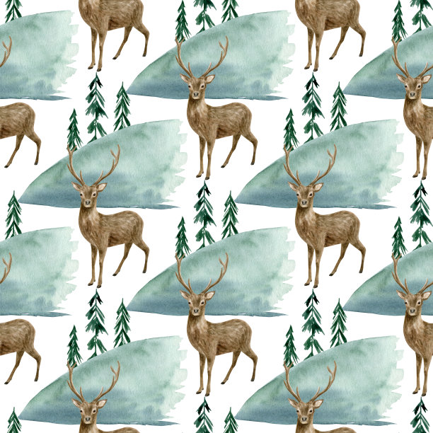 水彩林地无缝图案与鹿和景观。手绘现实的鹿角和冷杉森林树在深绿色的背景鹿。布料、壁纸、印花绘图。图片下载