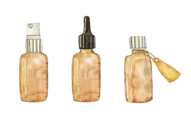 水平设置的玻璃棕色瓶与标签喷雾器和瓶盖隔离在白色背景精油。水彩手绘插画化妆品设计。剪辑艺术。图片下载