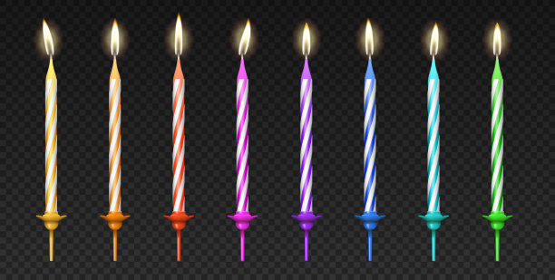点燃生日蛋糕彩色蜡烛3d现实设置。生日庆祝会蜡烛图片下载