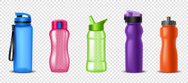 运动水瓶设置。逼真的塑料和玻璃杯子锻炼，慢跑，骑自行车的茶点图片下载