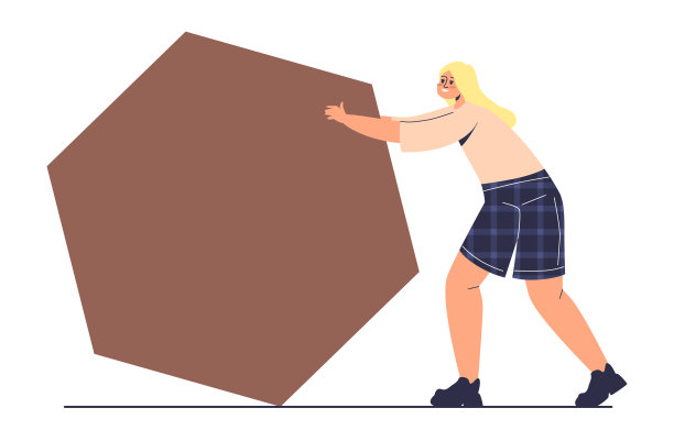 推六边形的女人。卡通女性角色用力量推动努力图片下载