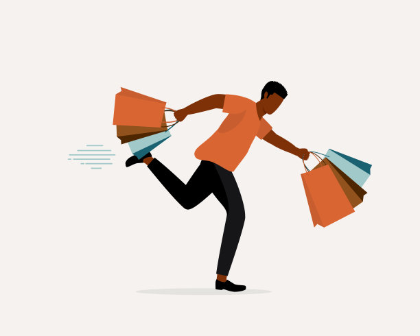 购物狂黑人拿着购物袋在跑。图片下载