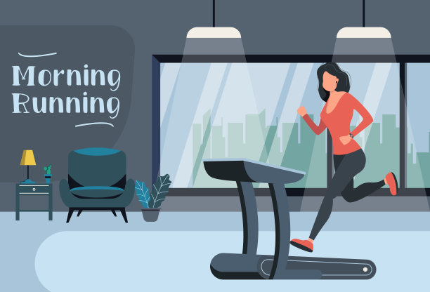 女孩在家里的跑步机上跑步。早上跑步。矢量插图在现代风格图片下载
