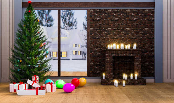 节日：雪天玻璃窗前装饰的圣诞树和礼物图片下载