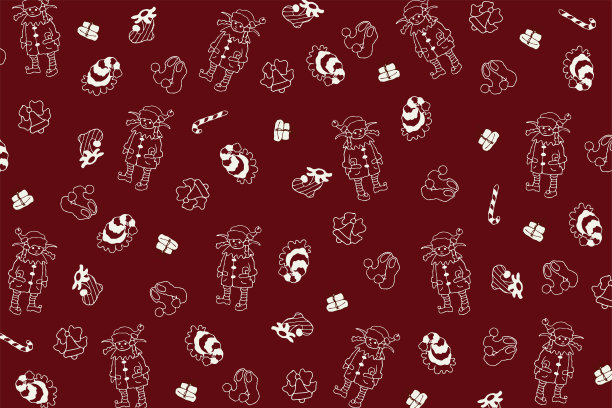 圣诞精灵，红色背景。冬天的插图，精灵的靴子，糖果，礼品盒和帽子的白色涂鸦轮廓。有趣的新年假期抽象图案。可爱女孩精灵。圣诞老人的帮手。图片下载