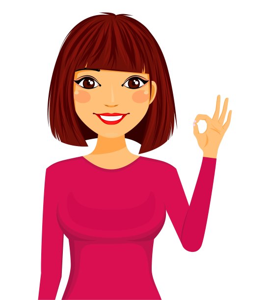 年轻的女孩微笑着，手势很好。女孩的情绪。的性格。平的风格。卡通图片下载