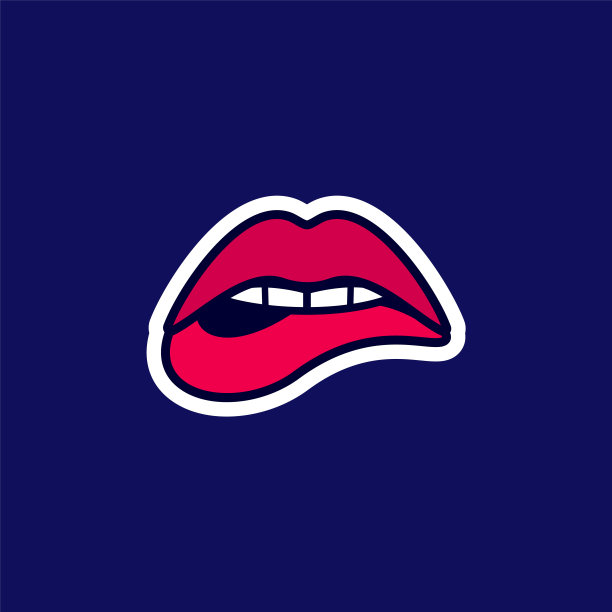 女人性感的嘴唇，美丽的张开的嘴咬着嘴唇用口红，贴纸在卡通风格图片下载